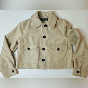 Zara Cropped Utility Jacket in Light Beige with Black Buttons